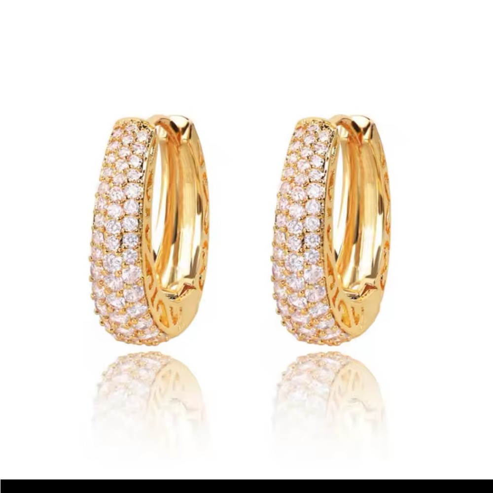 Gold CZ Huggie Hoop Earrings – Pave Crystal Mini Hoops Elegant Everyday Jewelry - Picture 2 of 3